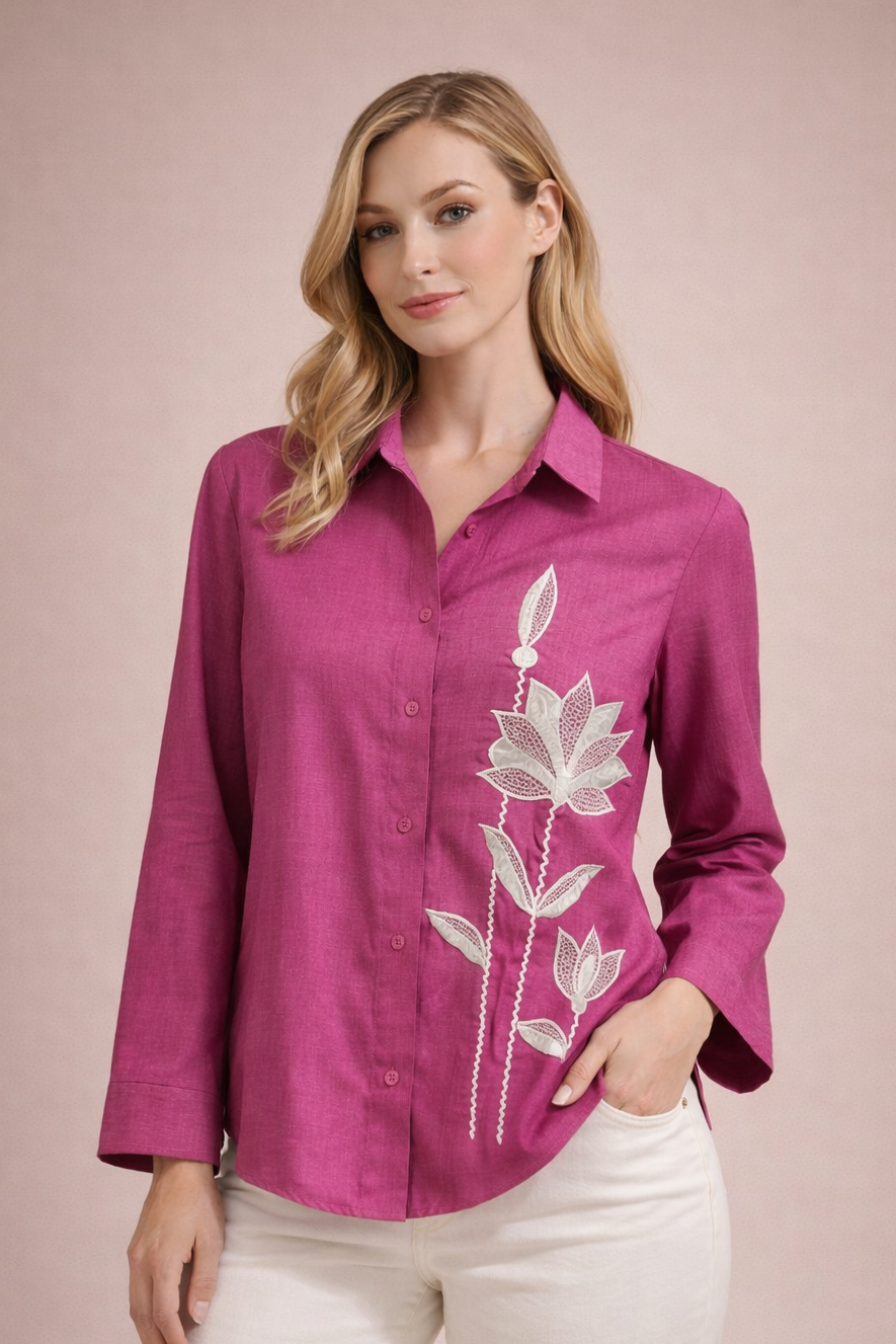 Women’s Luxe Floral Embroidered Vertical Silk Shirt D29