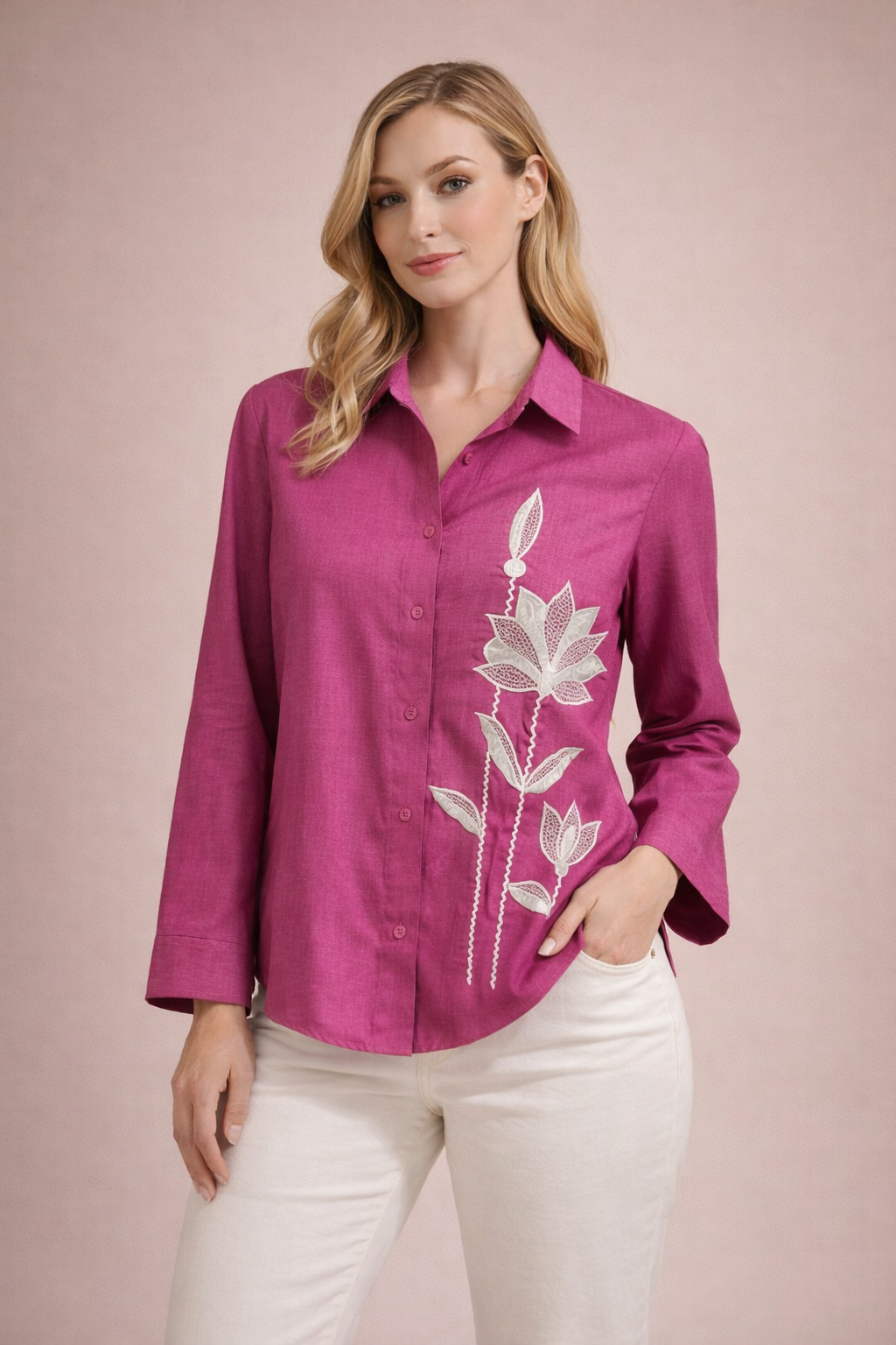 Women’s Luxe Floral Embroidered Vertical Silk Shirt D29