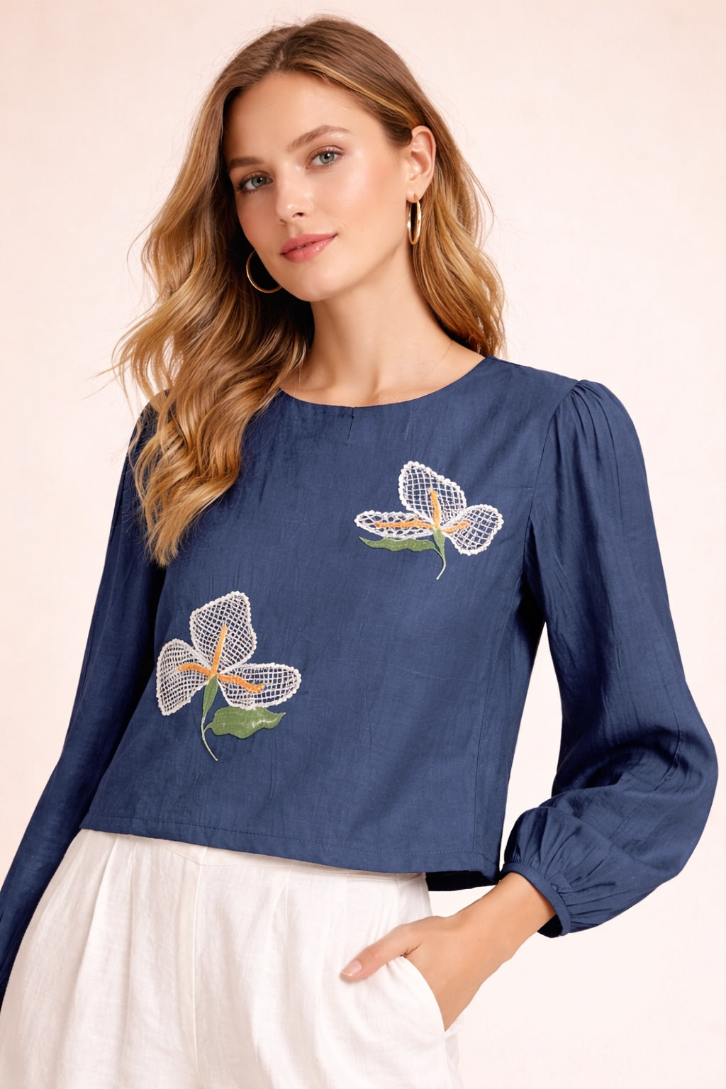 Women’s Navy Blue Top with Floral Embroidery and Puff Sleeves D16