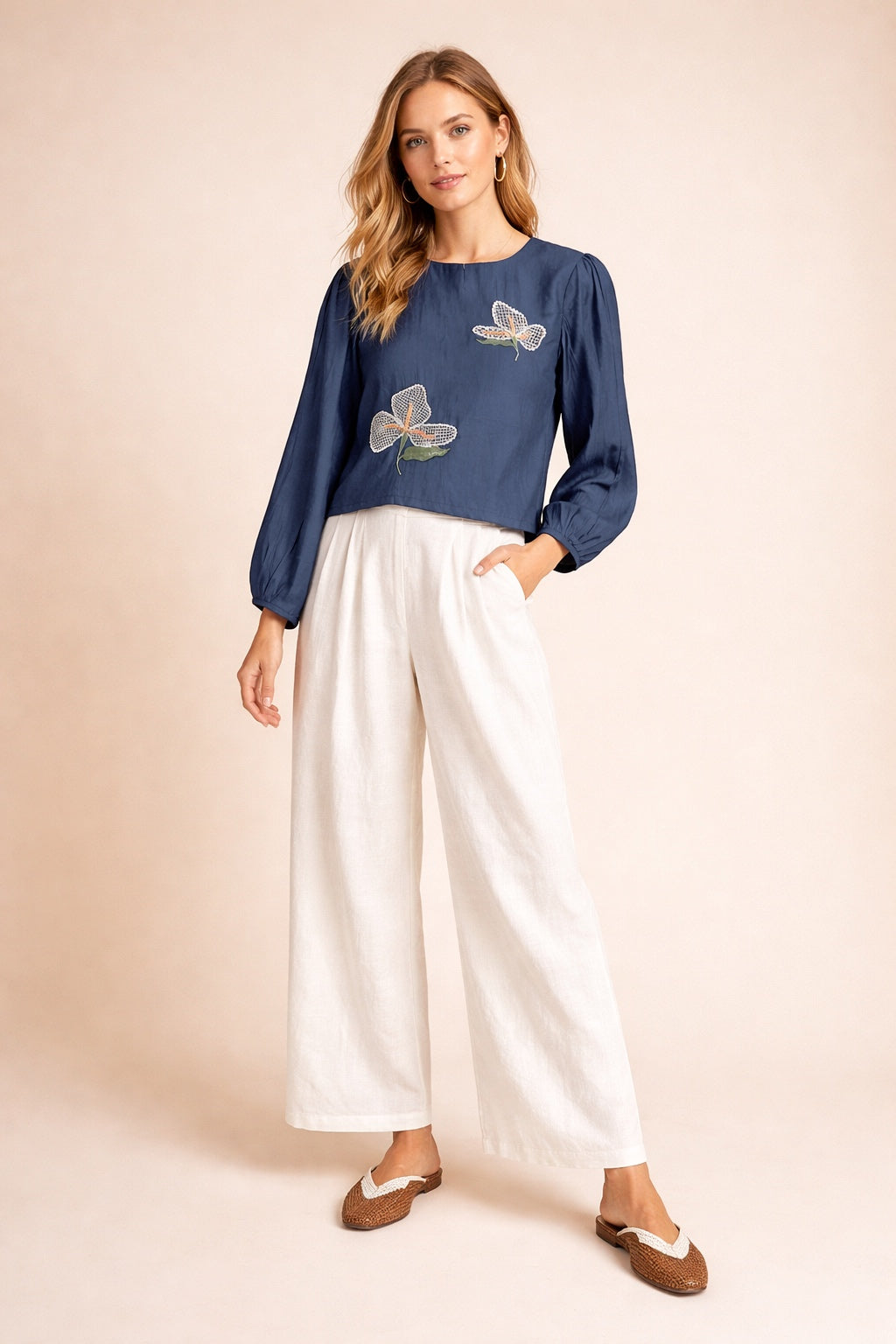 Women’s Navy Blue Top with Floral Embroidery and Puff Sleeves D16