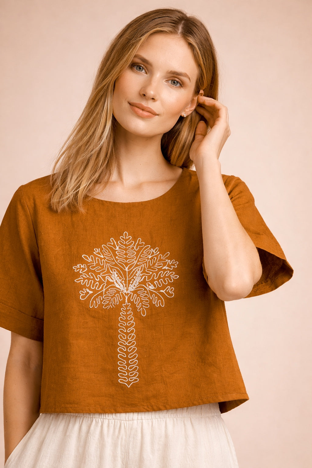 Women’s Premium Brown Top with White Thread Tree Embroidery D17