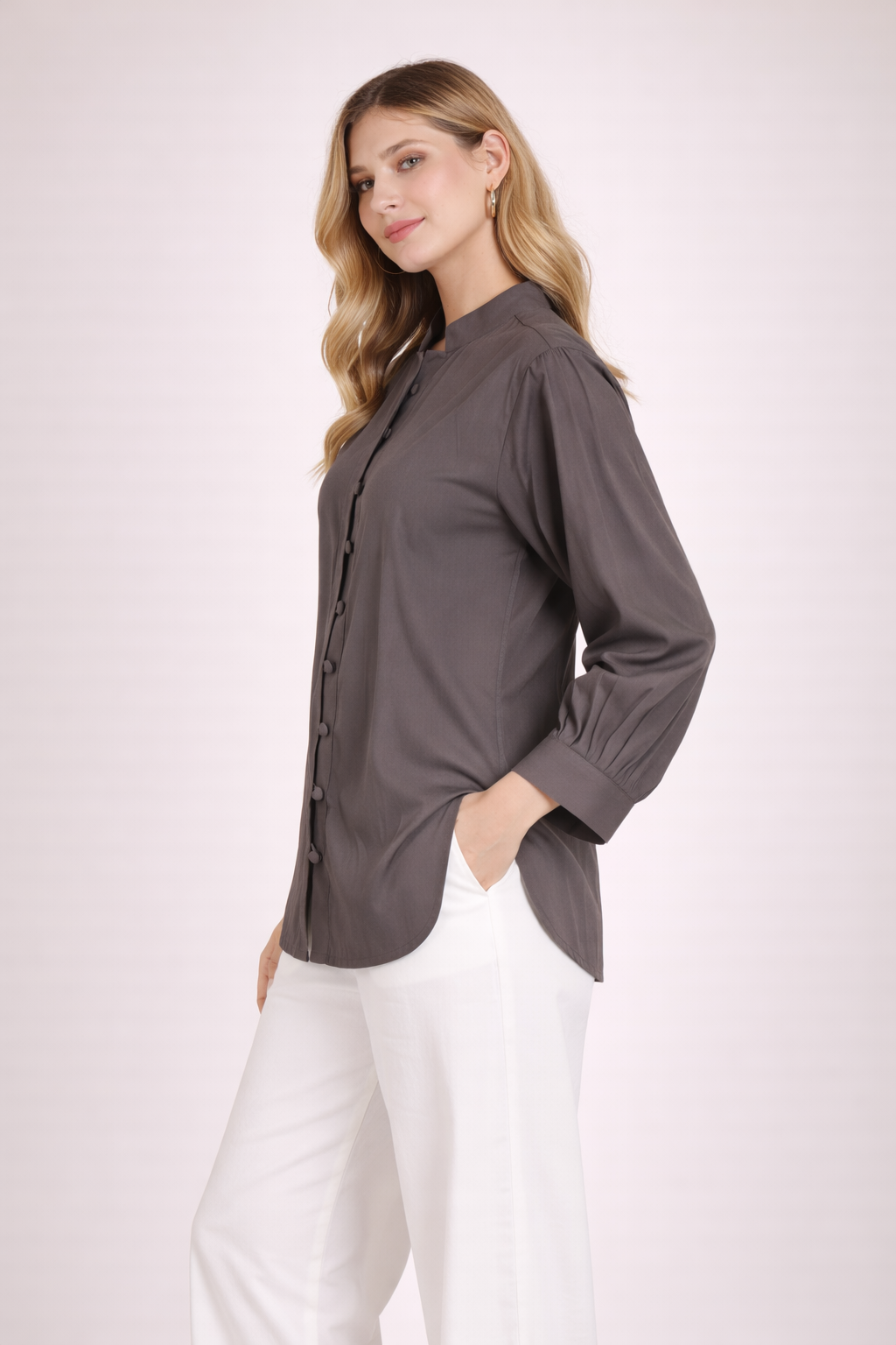 Women’s Solid Charcoal Grey Mandarin Collar Shirt Topn D35
