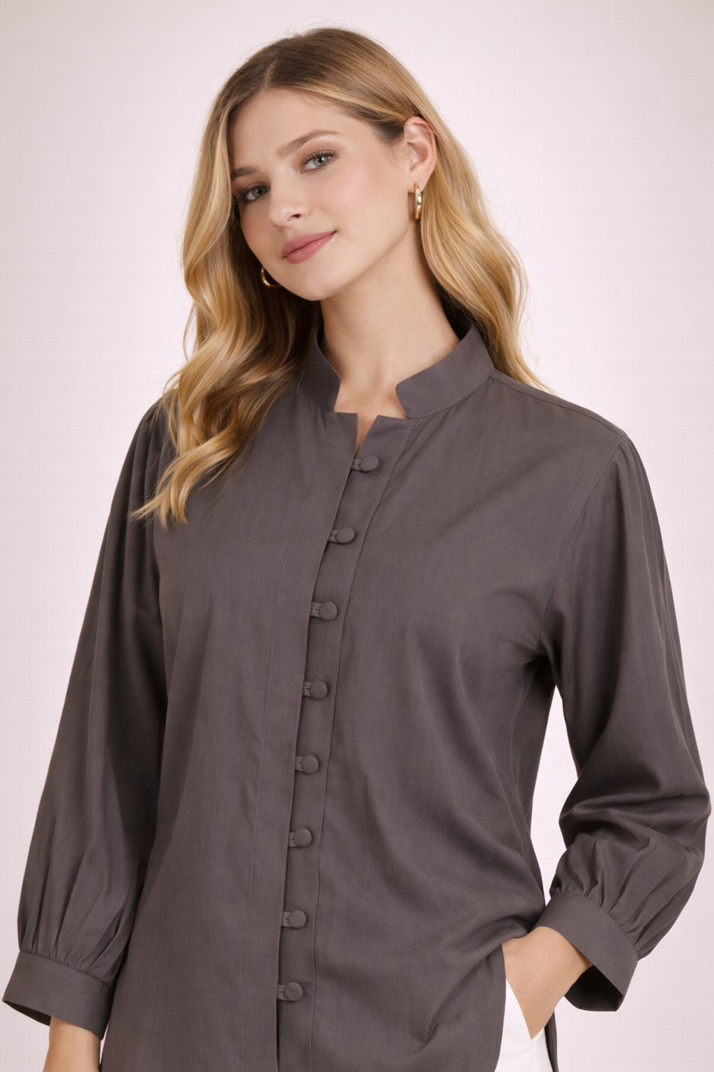 Women’s Solid Charcoal Grey Mandarin Collar Shirt Topn D35