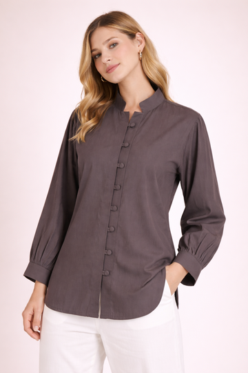 Women’s Solid Charcoal Grey Mandarin Collar Shirt Topn D35