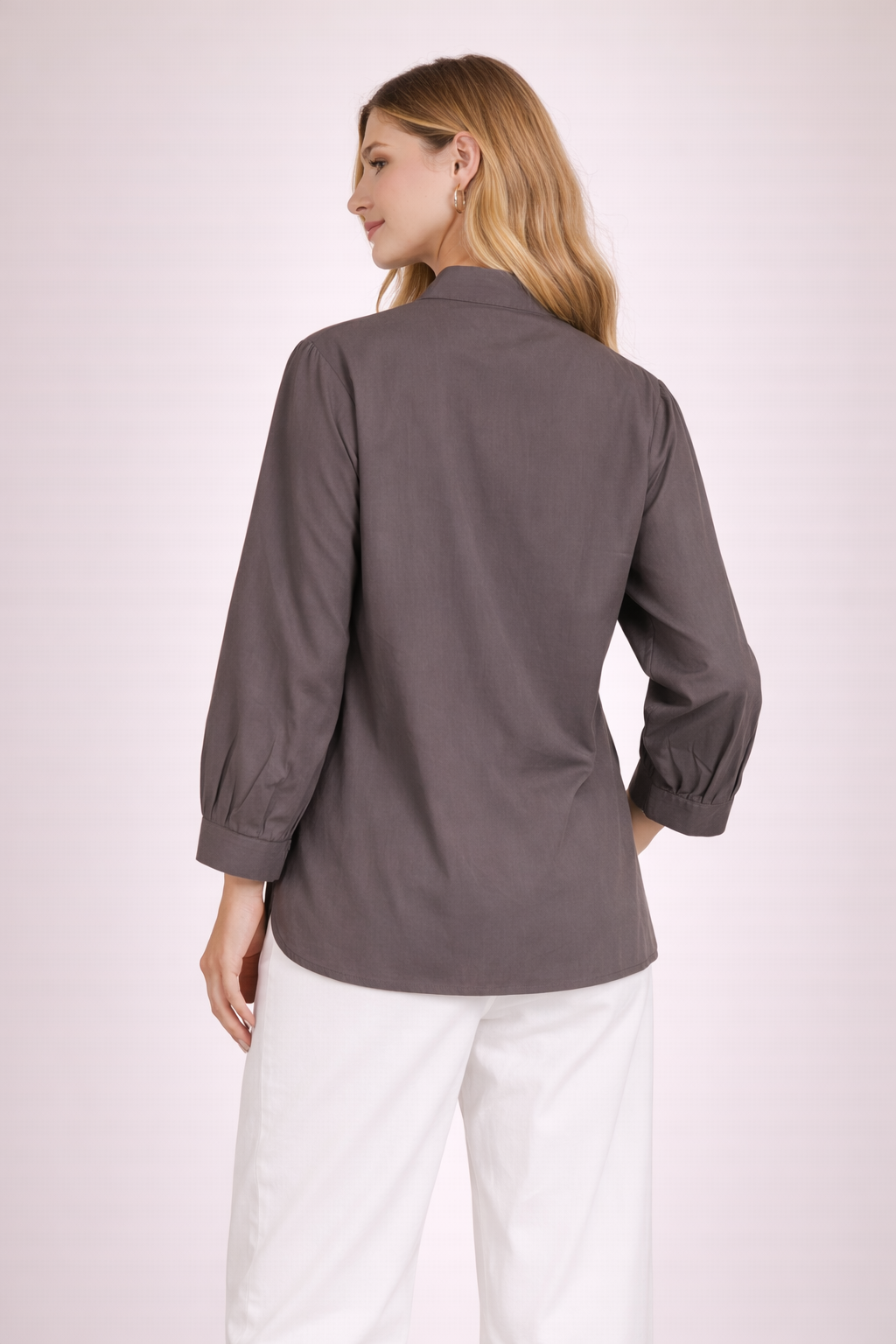 Women’s Solid Charcoal Grey Mandarin Collar Shirt Topn D35