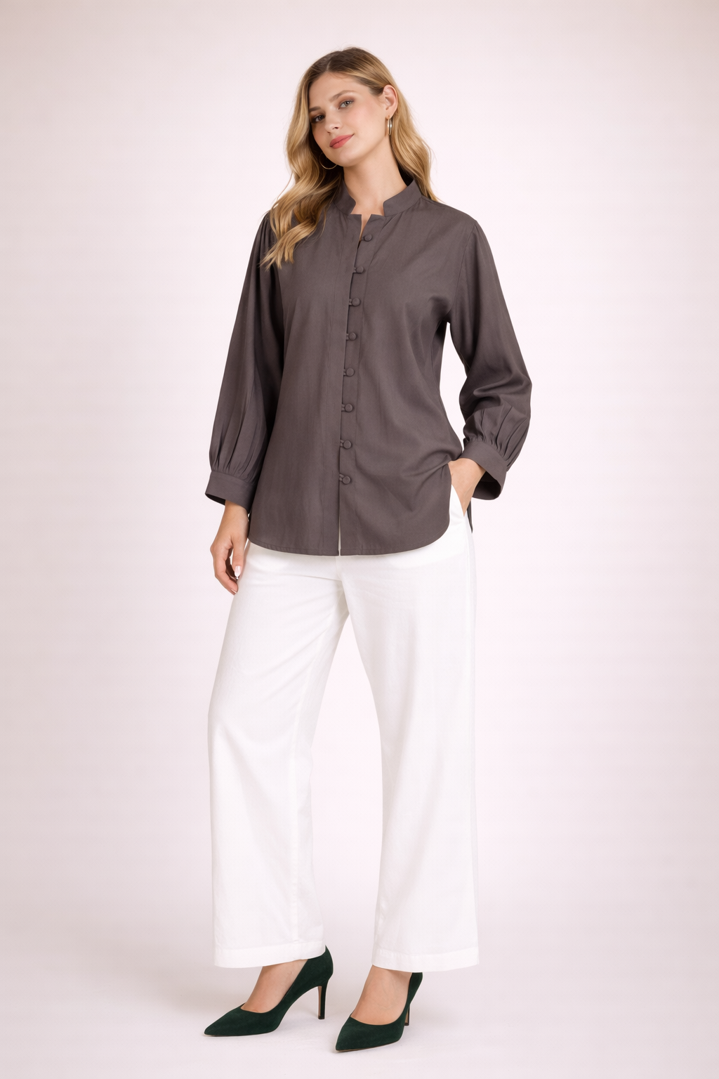 Women’s Solid Charcoal Grey Mandarin Collar Shirt Topn D35