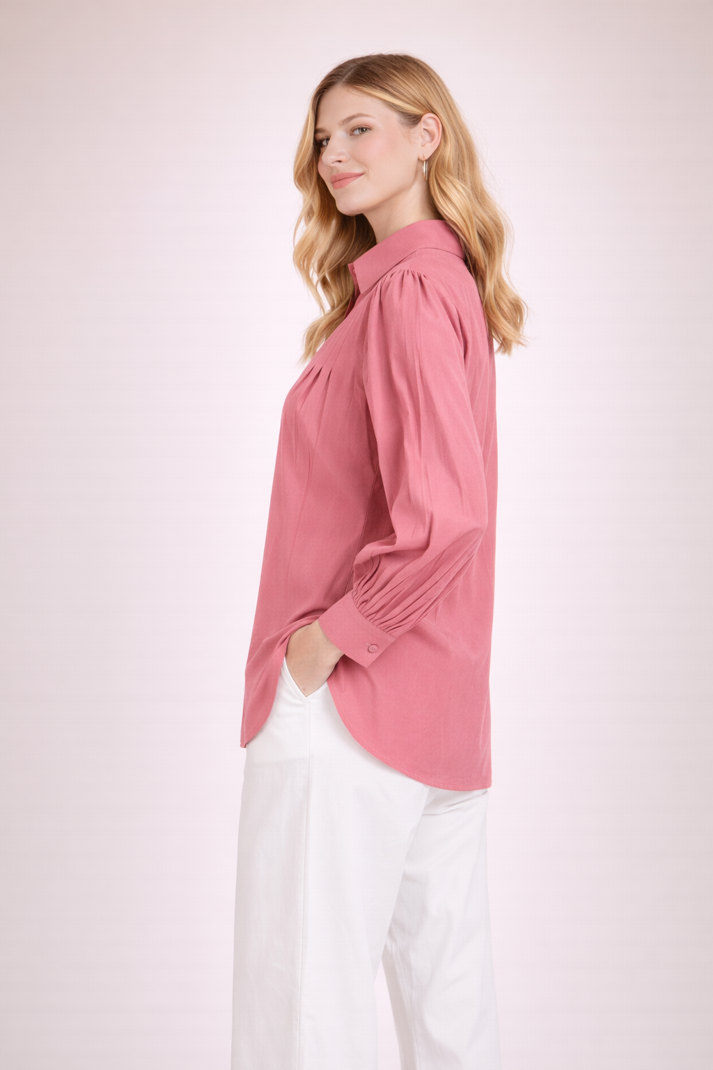 Women’s Solid Pink Shirt Top with Elegant Pleat Detail D36
