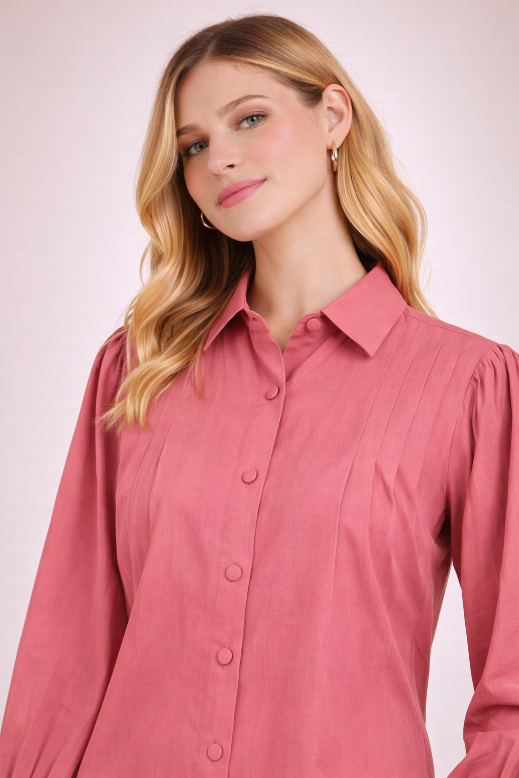 Women’s Solid Pink Shirt Top with Elegant Pleat Detail D36