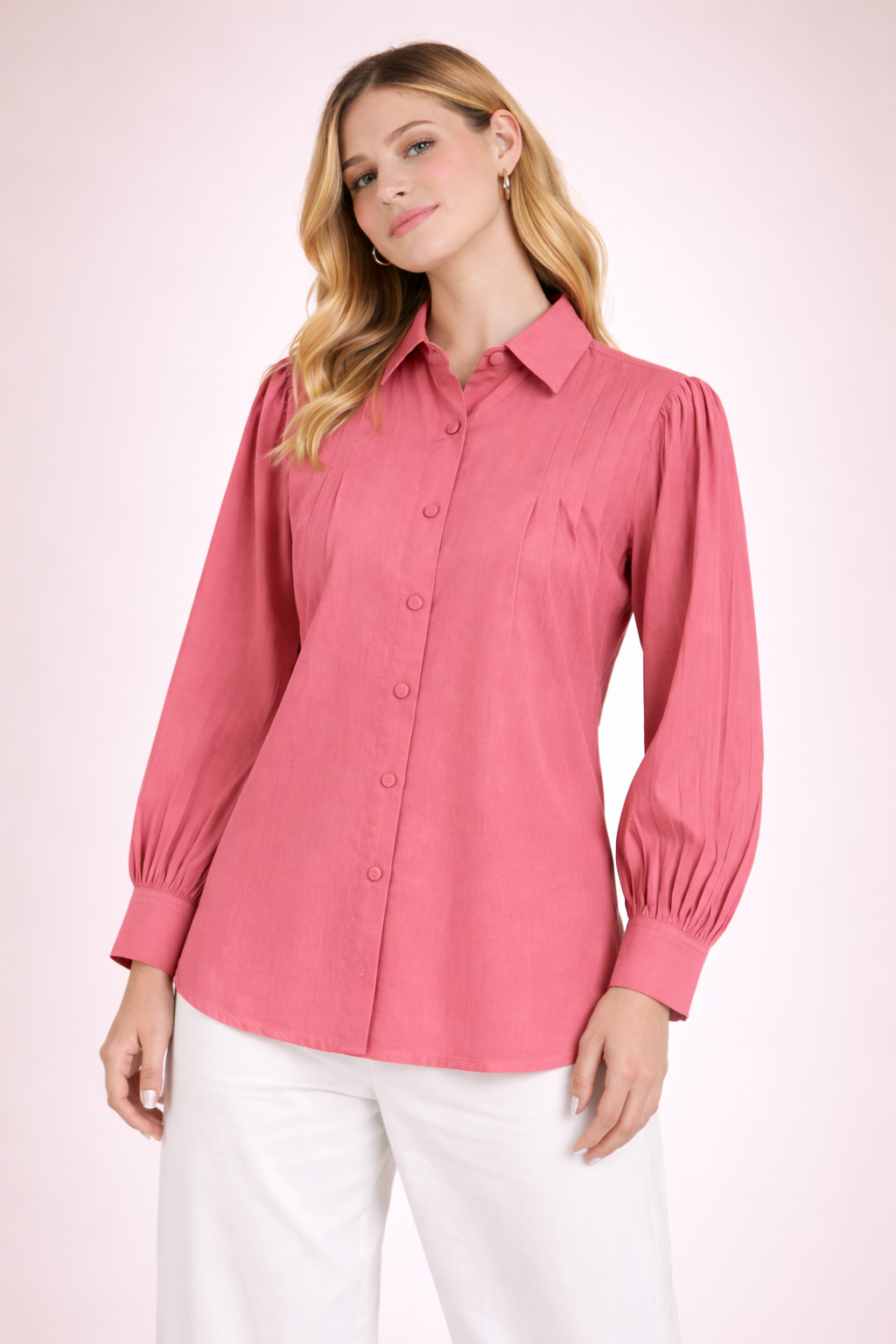 Women’s Solid Pink Shirt Top with Elegant Pleat Detail D36