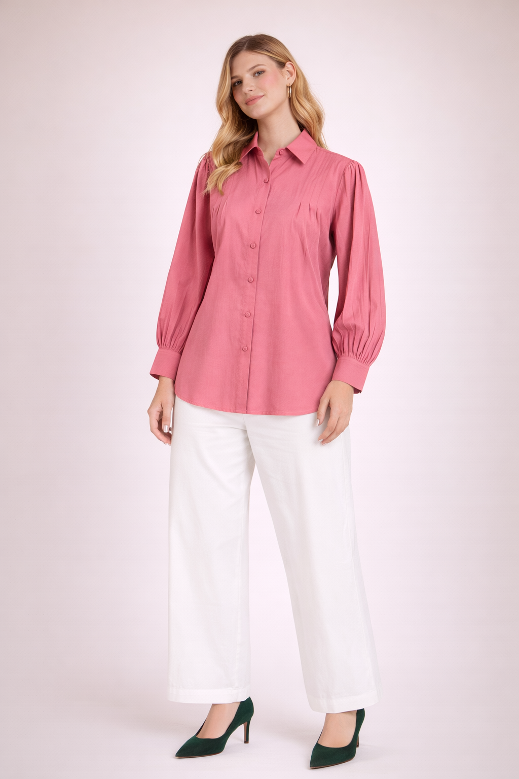 Women’s Solid Pink Shirt Top with Elegant Pleat Detail D36
