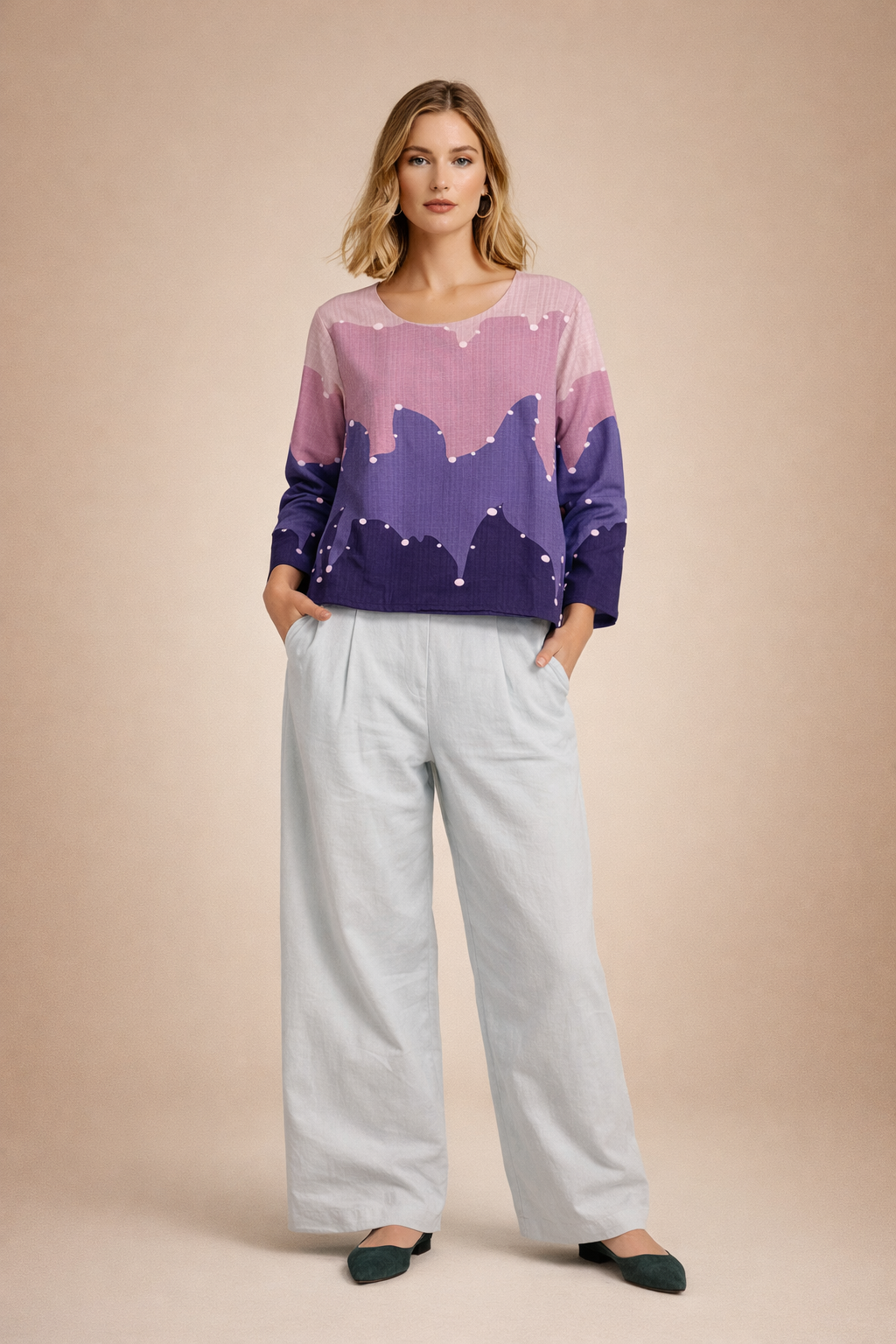 Women’s Three Color Printed Fancy Top with Long Sleeves D32