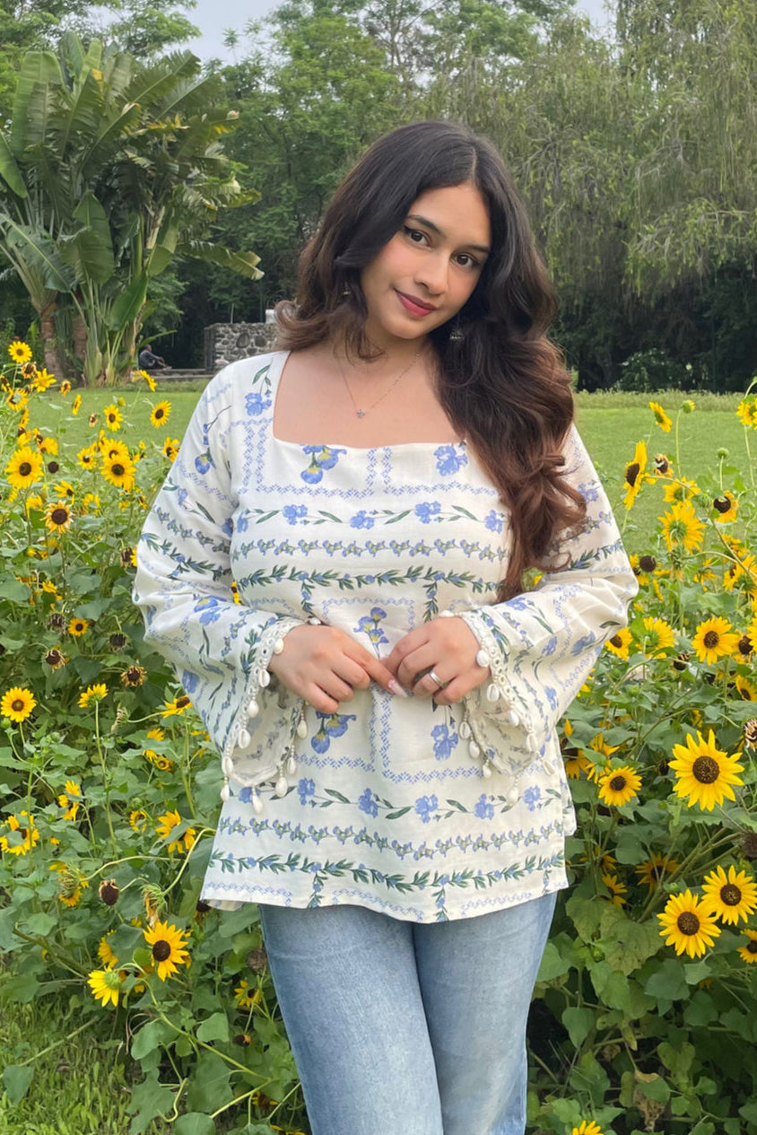 Women’s White & Blue Floral Printed Cotton Kurti | Soft Breathable Casual Kurta Top D79