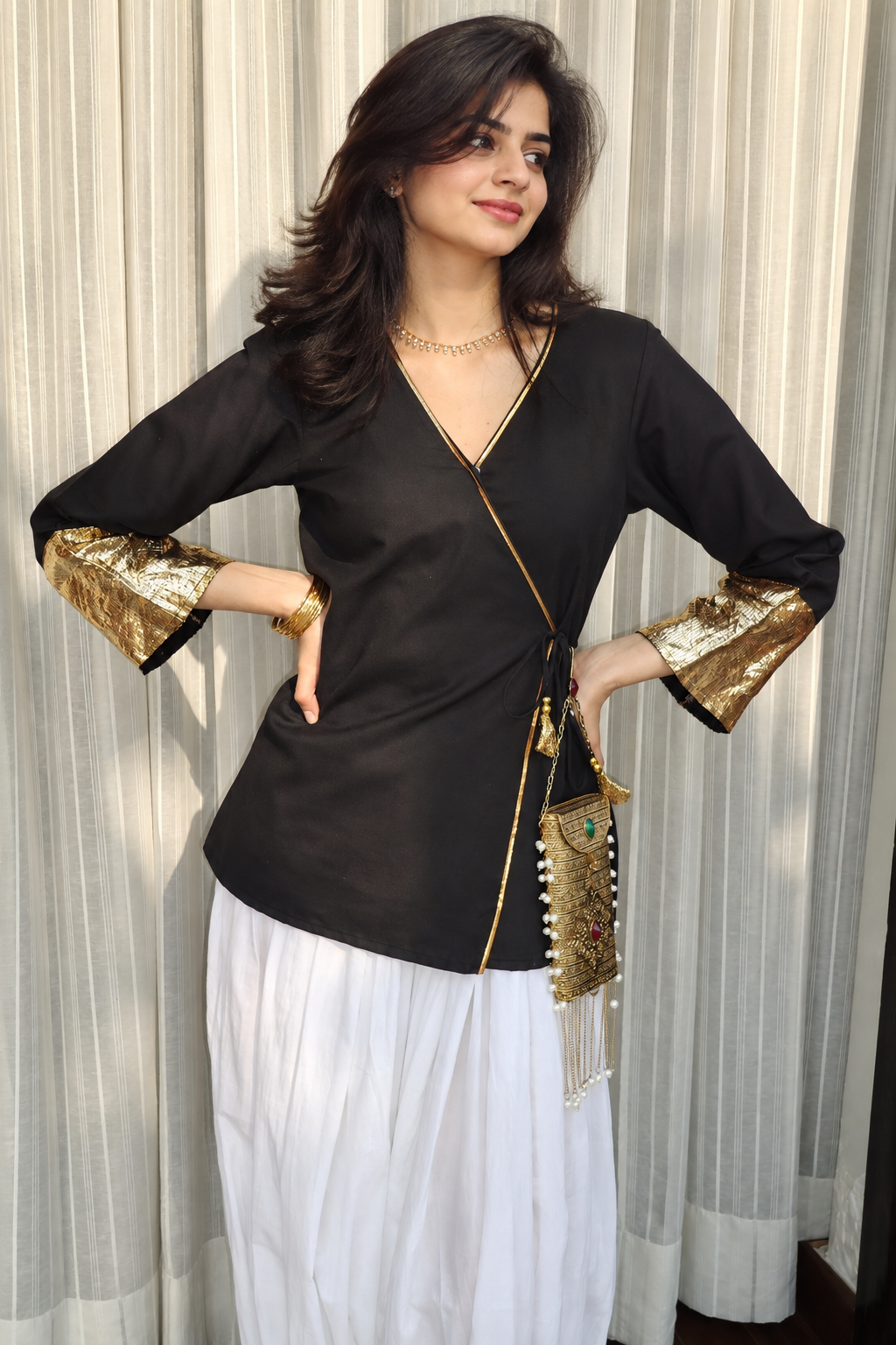 Women's Black Roman Silk Wrap Top with Gold Sequin Cuffs D89