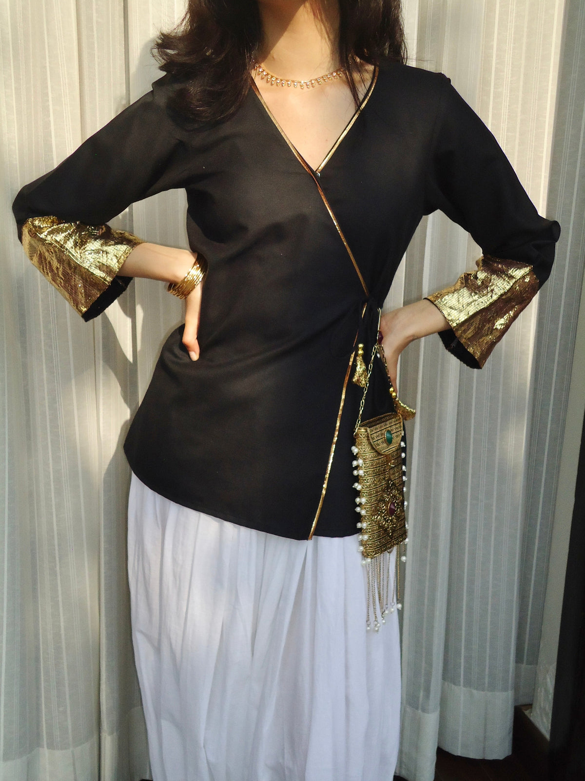Women's Black Roman Silk Wrap Top with Gold Sequin Cuffs D89