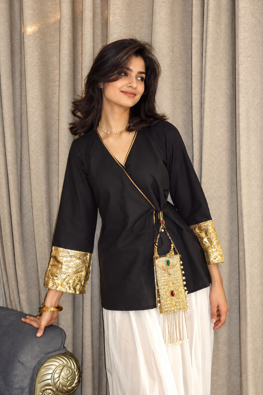 Women's Black Roman Silk Wrap Top with Gold Sequin Cuffs D89