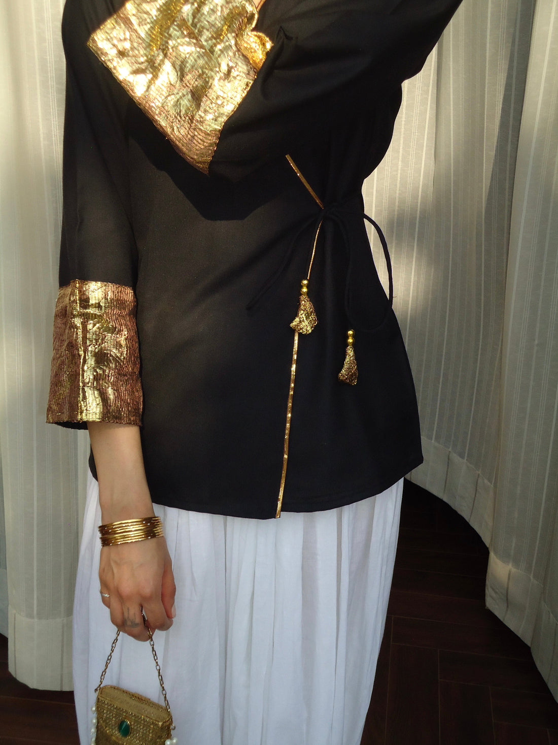Women's Black Roman Silk Wrap Top with Gold Sequin Cuffs D89