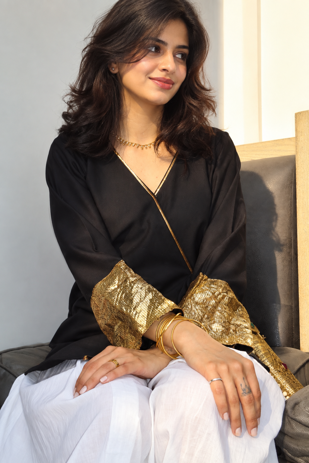Women's Black Roman Silk Wrap Top with Gold Sequin Cuffs D89
