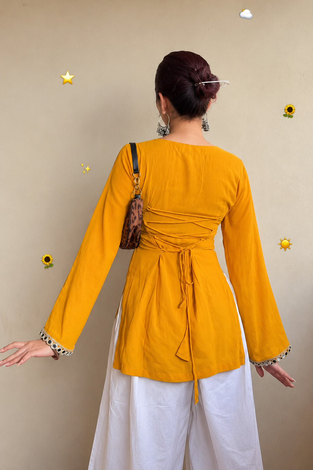 Women's Mustard Yellow Georgette Top with Mirror Work Embellished Neckline D99