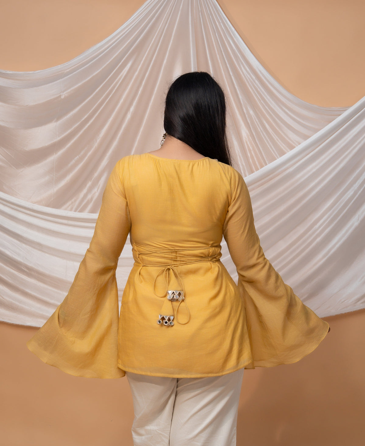 Women's Mustard Yellow Mul Chanderi Embellished Top with Bell Sleeves D100