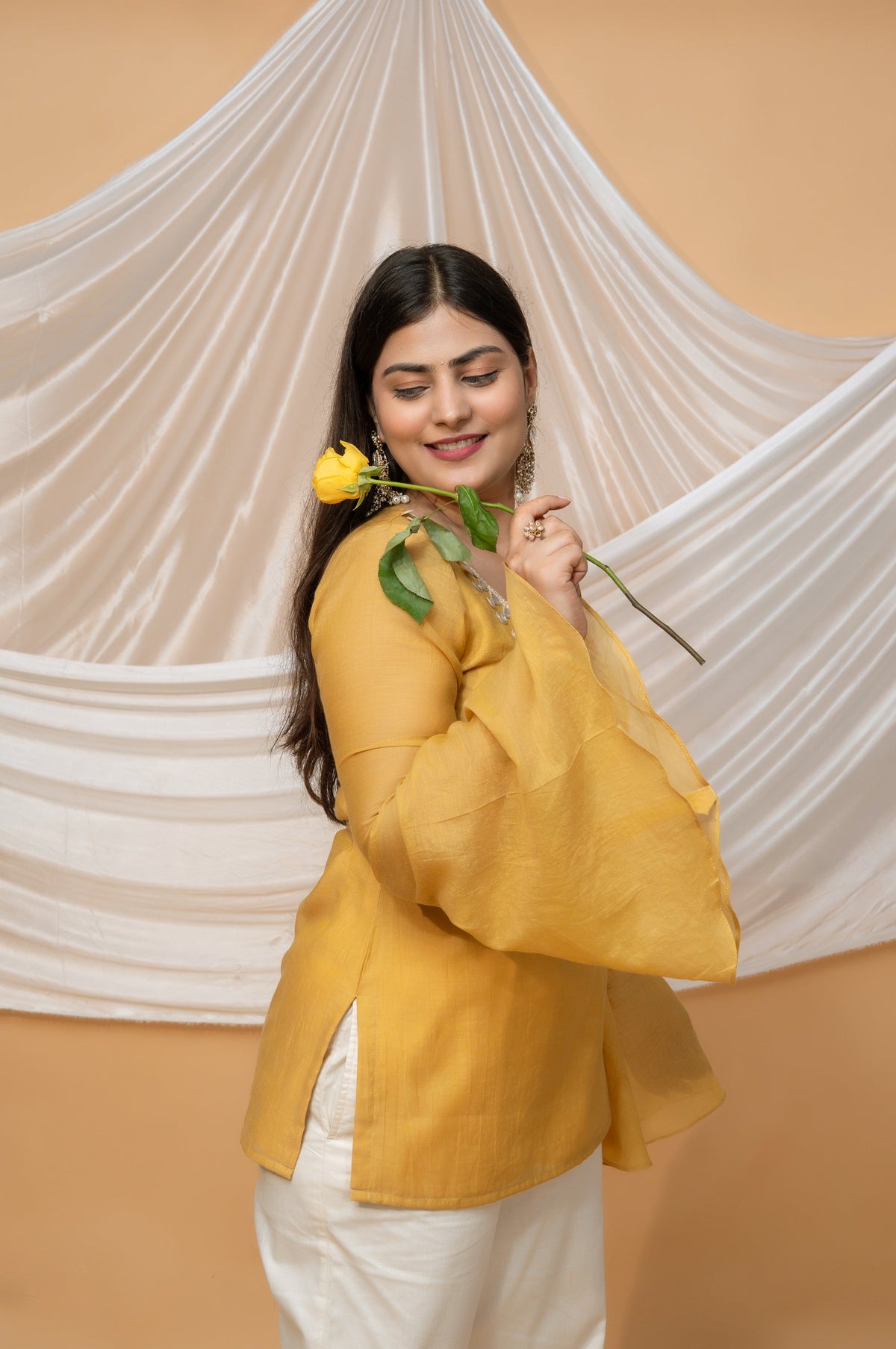 Women's Mustard Yellow Mul Chanderi Embellished Top with Bell Sleeves D100