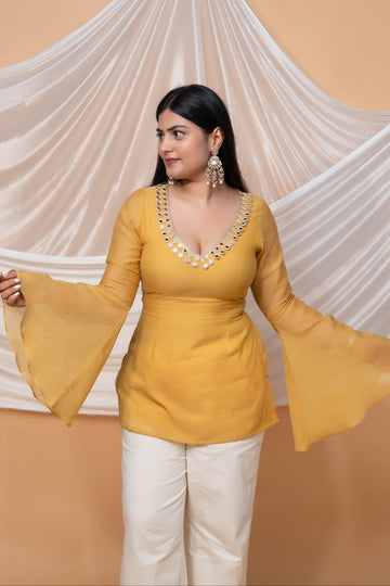 Women's Mustard Yellow Mul Chanderi Embellished Top with Bell Sleeves D100