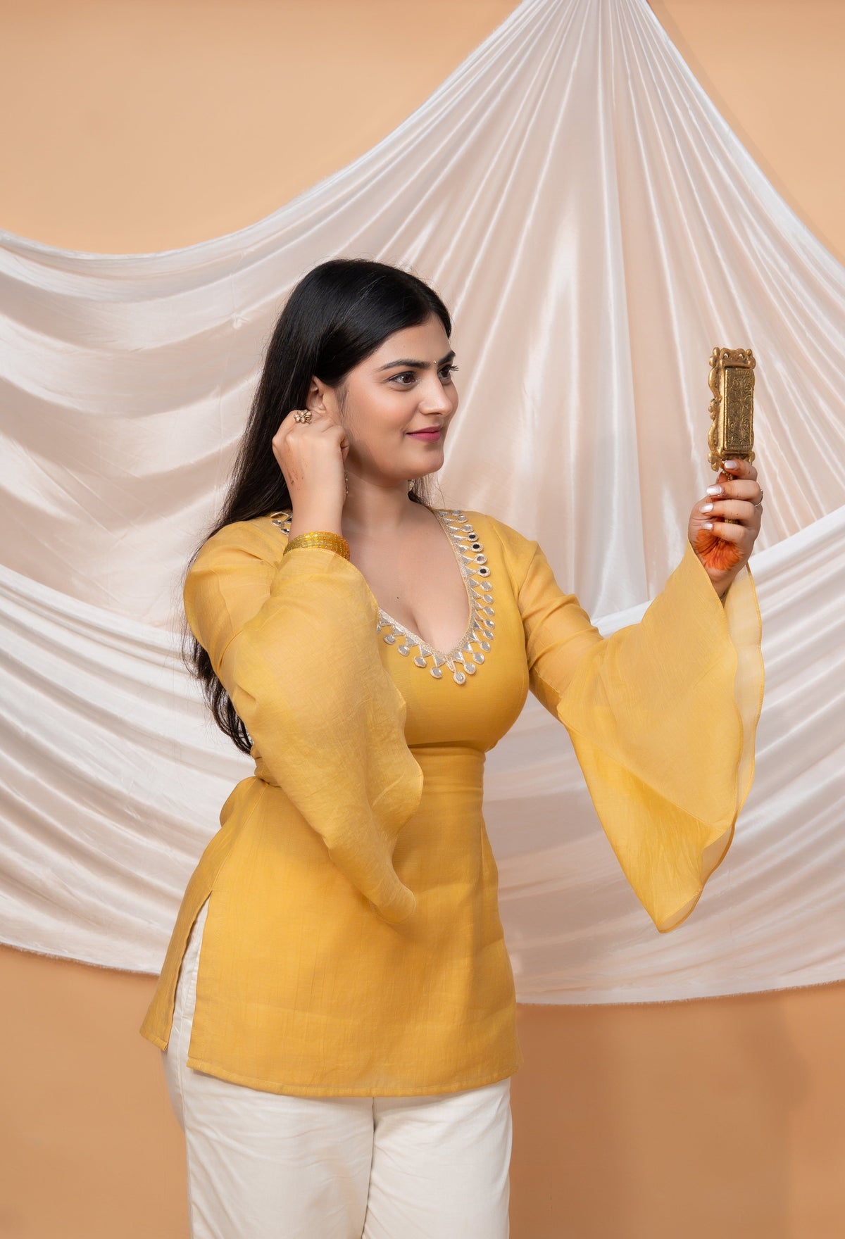 Women's Mustard Yellow Mul Chanderi Embellished Top with Bell Sleeves D100