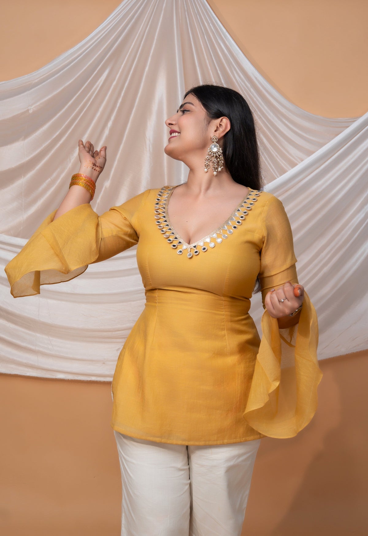 Women's Mustard Yellow Mul Chanderi Embellished Top with Bell Sleeves D100