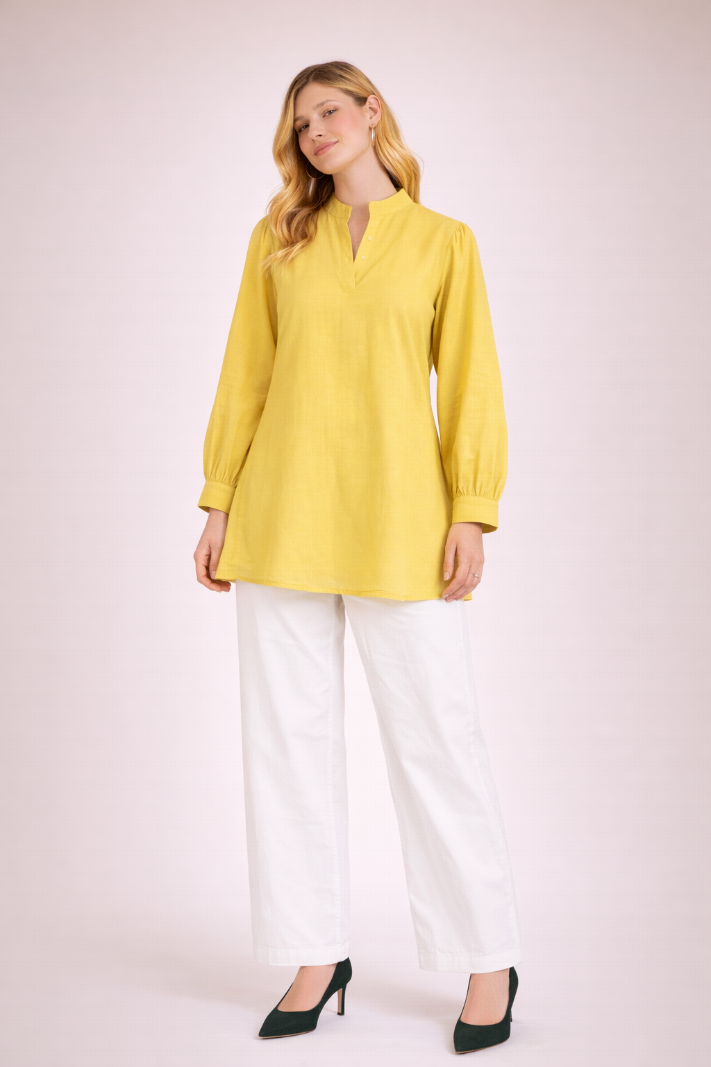 Women’s Mustard Yellow Solid Tunic Top with Mandarin Neck D37