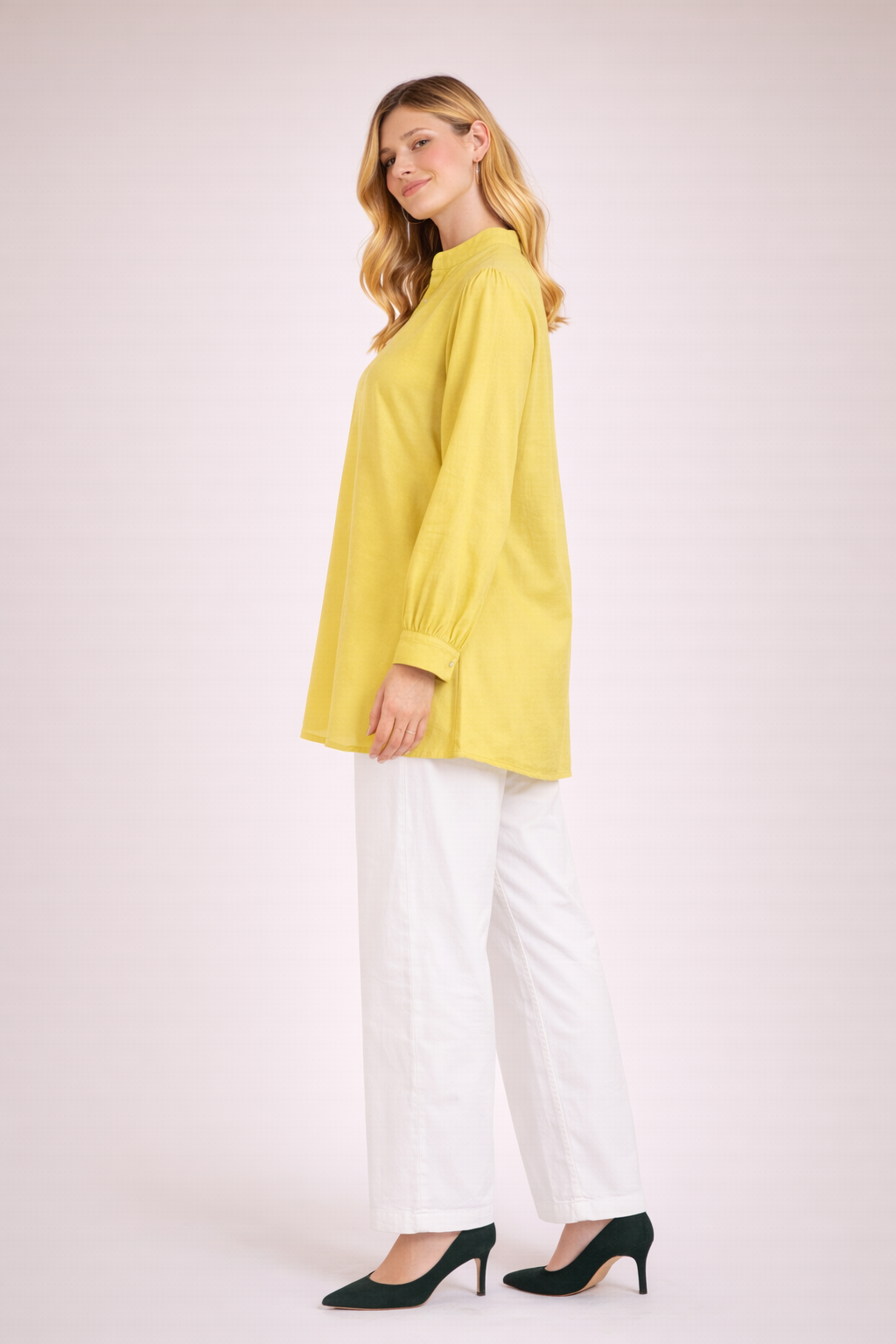 Women’s Mustard Yellow Solid Tunic Top with Mandarin Neck D37