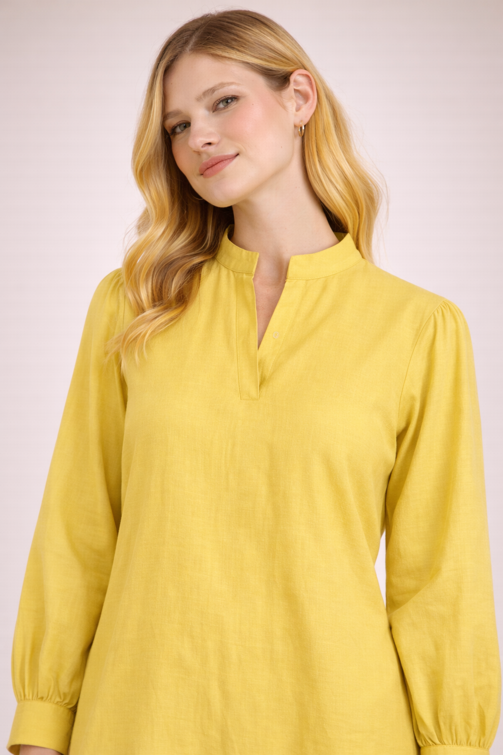 Women’s Mustard Yellow Solid Tunic Top with Mandarin Neck D37