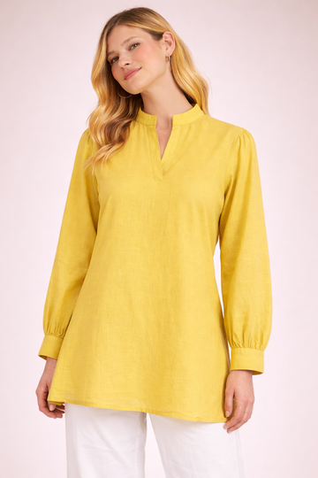 Women’s Mustard Yellow Solid Tunic Top with Mandarin Neck D37