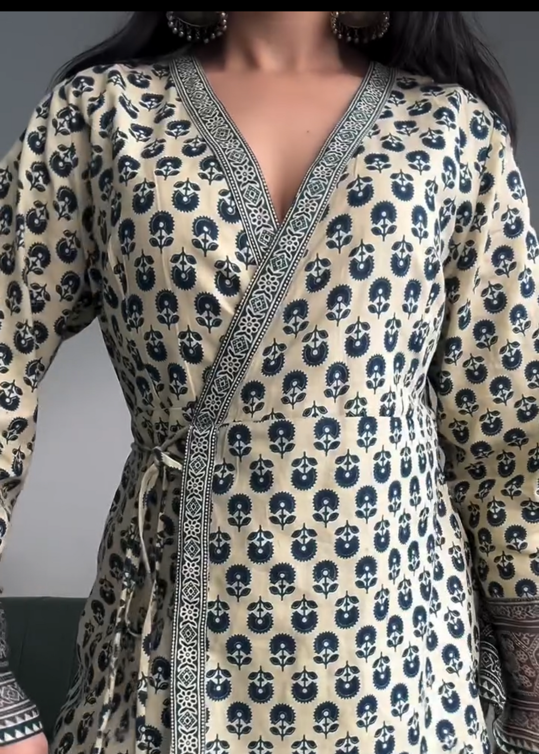 Women's Off-White Rayon Printed Top with Navy Blue Ethnic Motifs D102