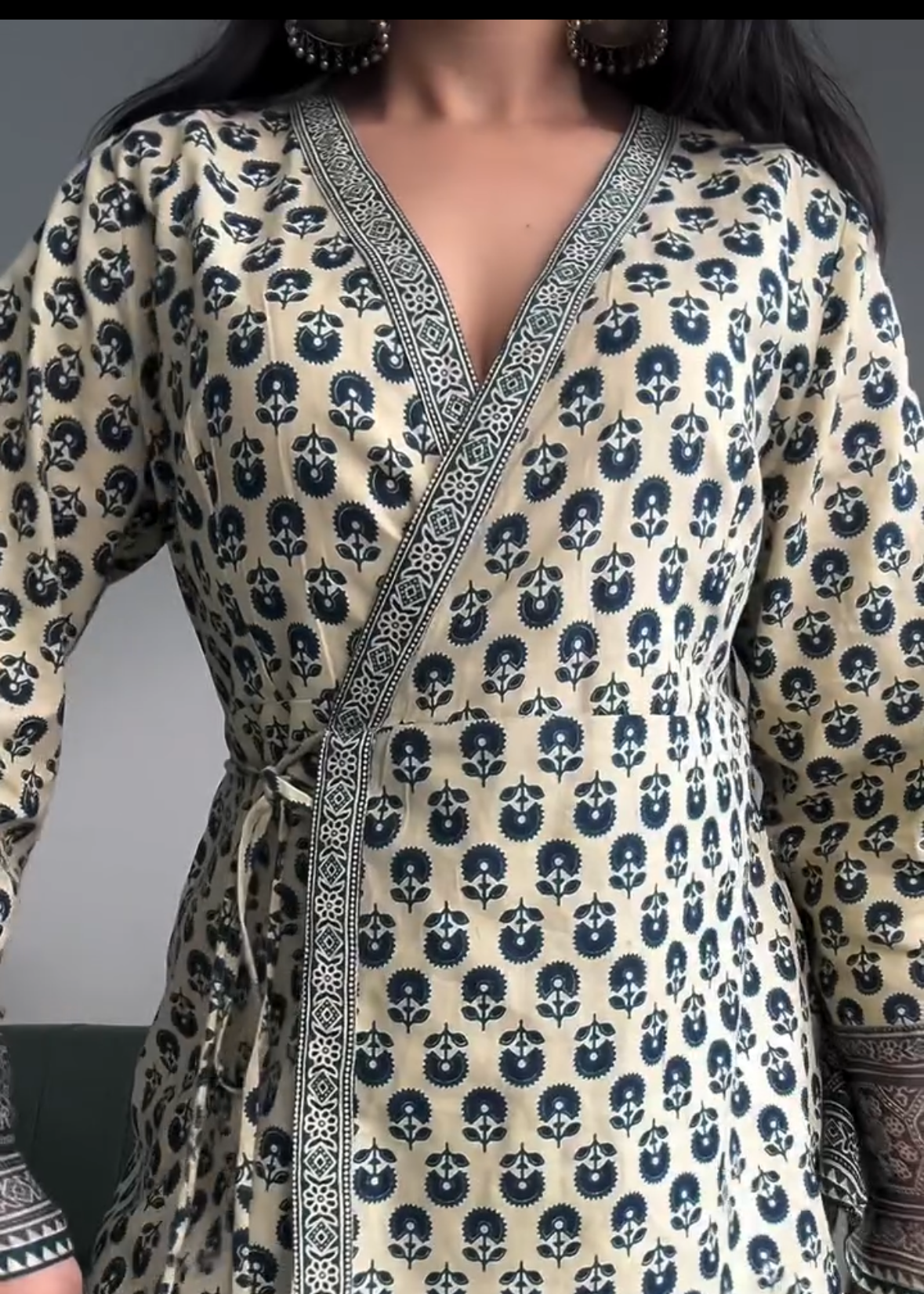 Women's Off-White Rayon Printed Top with Navy Blue Ethnic Motifs D102