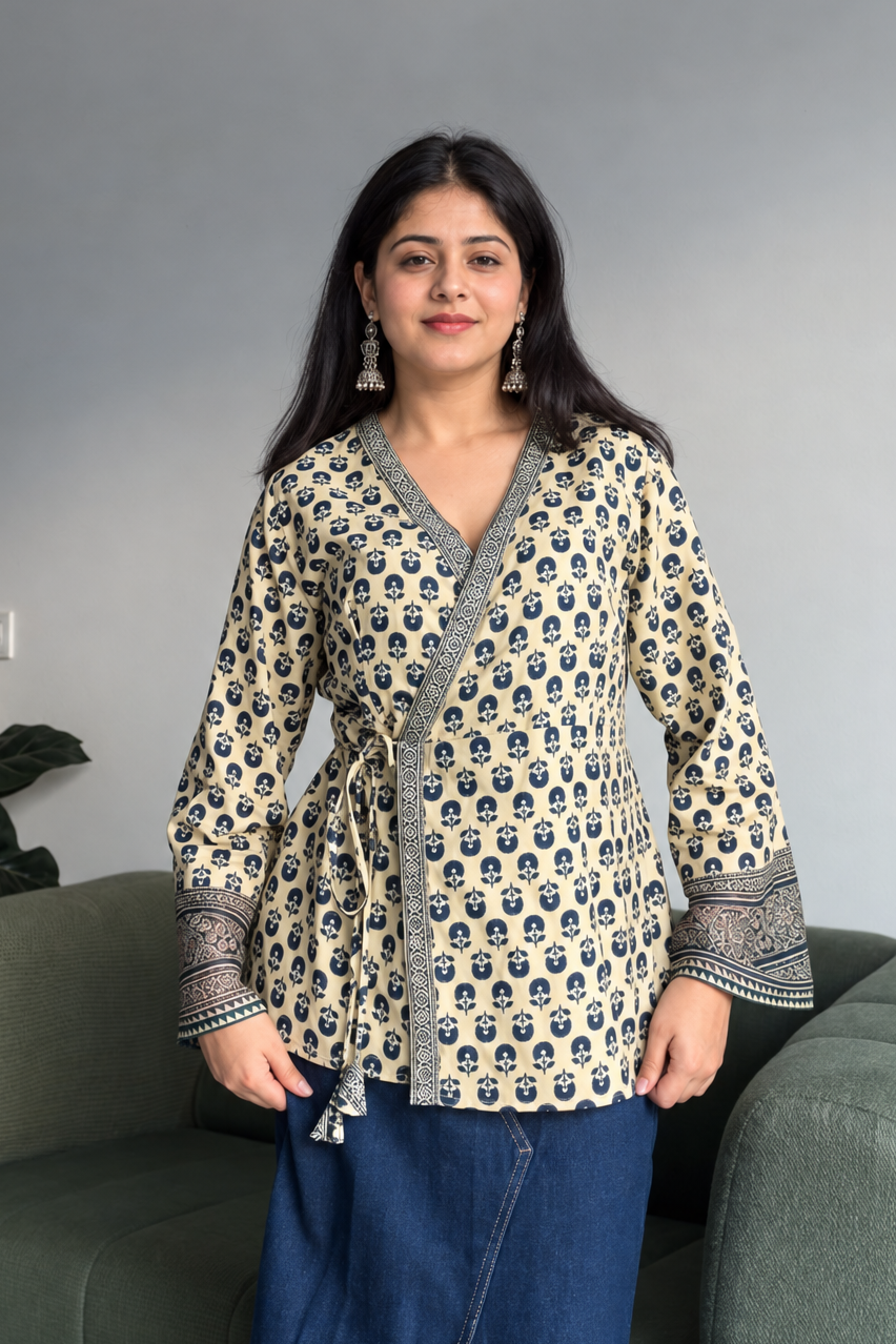 Women's Off-White Rayon Printed Top with Navy Blue Ethnic Motifs D102