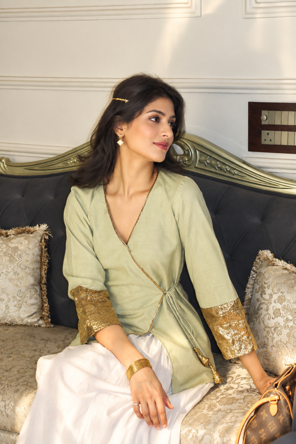 Women's Olive Green Roman Silk Wrap Top with Gold Sequin Cuffs D88