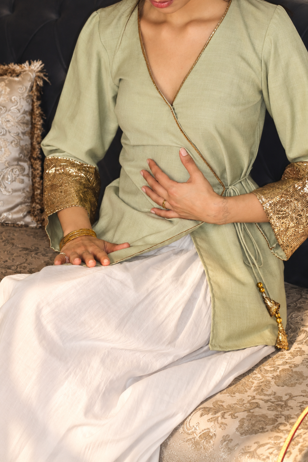 Women's Olive Green Roman Silk Wrap Top with Gold Sequin Cuffs D88