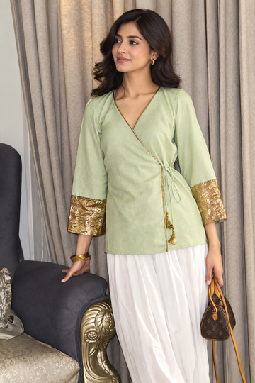 Women's Olive Green Roman Silk Wrap Top with Gold Sequin Cuffs D88