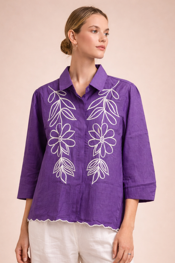 Women’s Premium Purple Embroidered Silk Shirt Top D30
