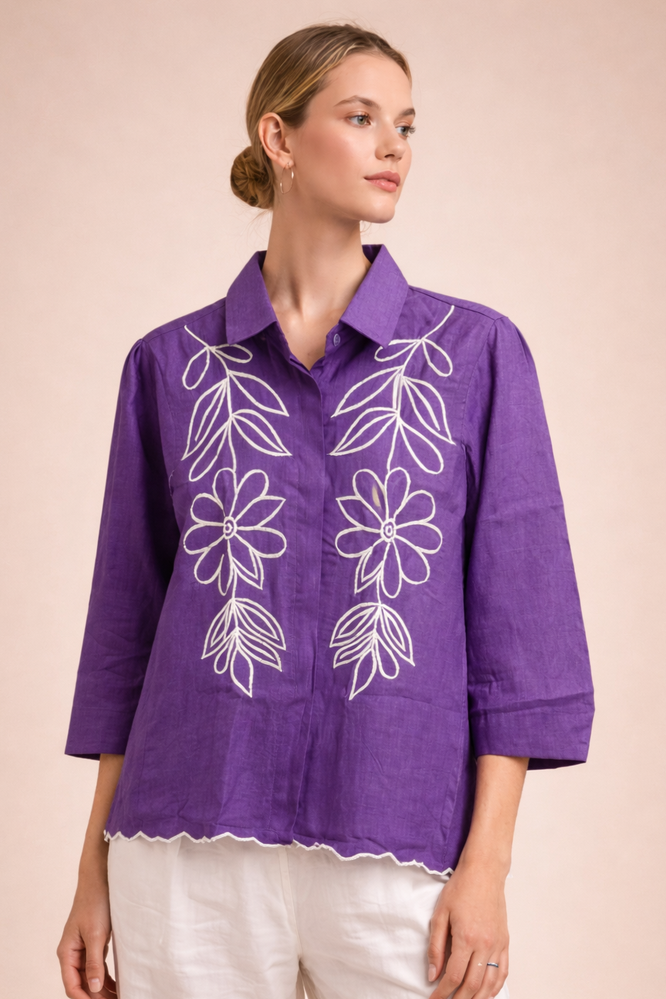 Women’s Premium Purple Embroidered Silk Shirt Top D30