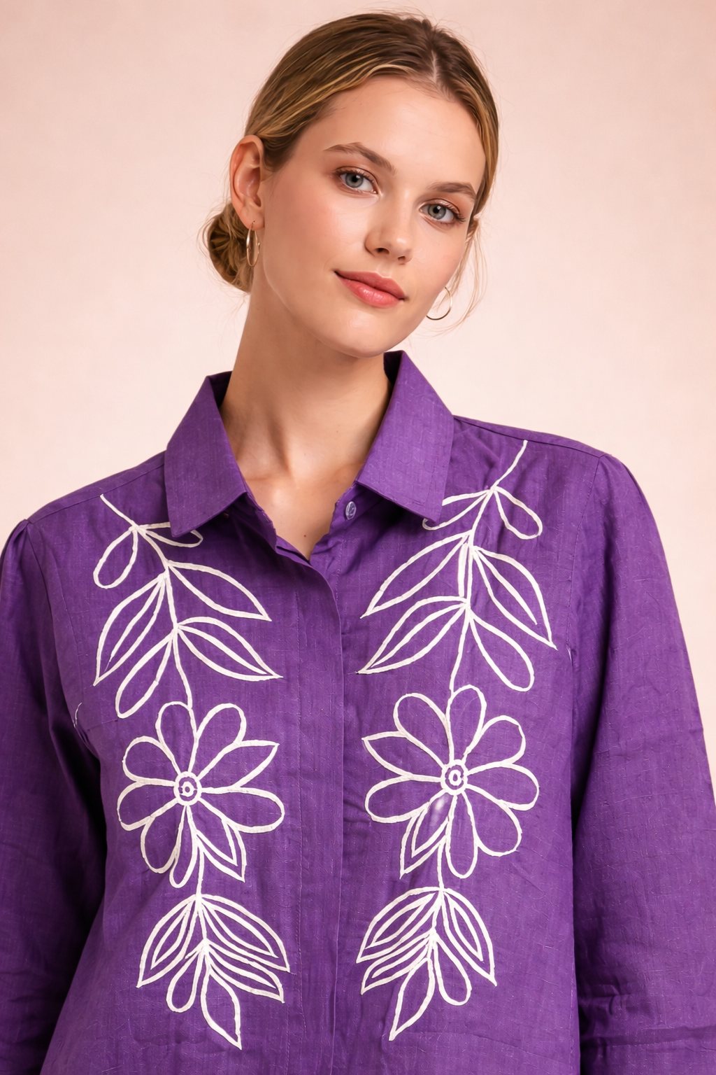 Women’s Premium Purple Embroidered Silk Shirt Top D30