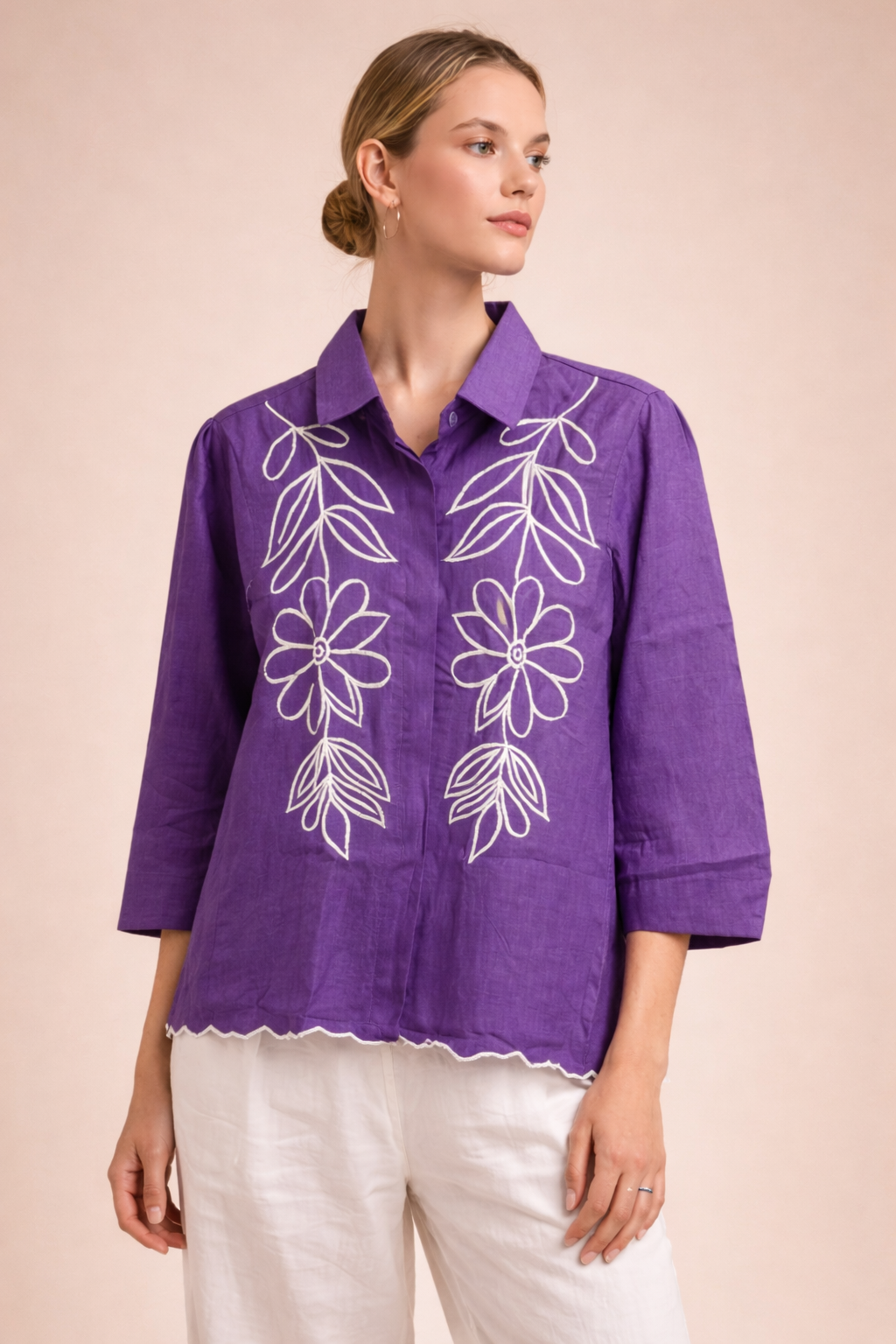 Women’s Premium Purple Embroidered Silk Shirt Top D30