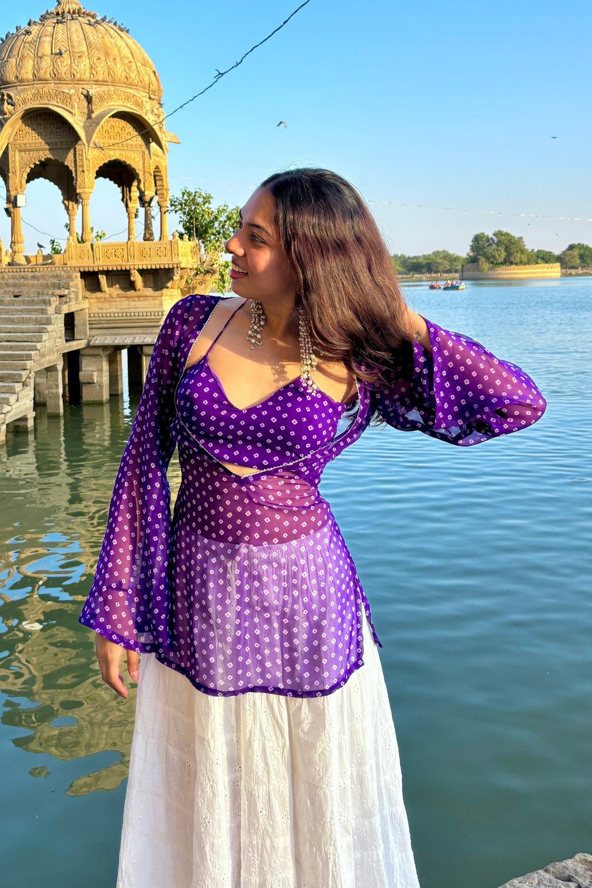 Women's Purple Printed Georgette Peplum Kurti with Flared Sleeves D97