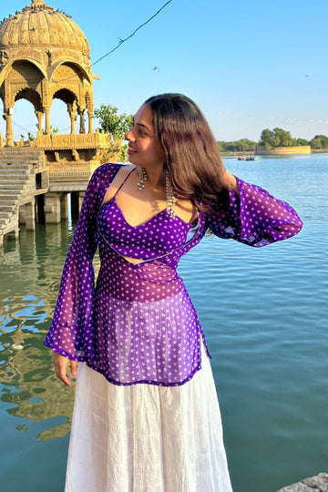 Women's Purple Printed Georgette Peplum Kurti with Flared Sleeves D97