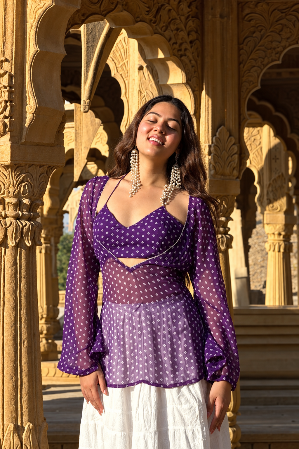 Women's Purple Printed Georgette Peplum Kurti with Flared Sleeves D97