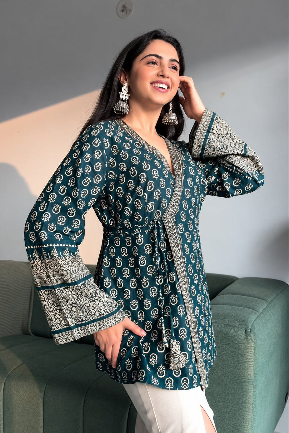 Women's Rama Rayon Angrakha Style Printed Top with V-Neck Border D101