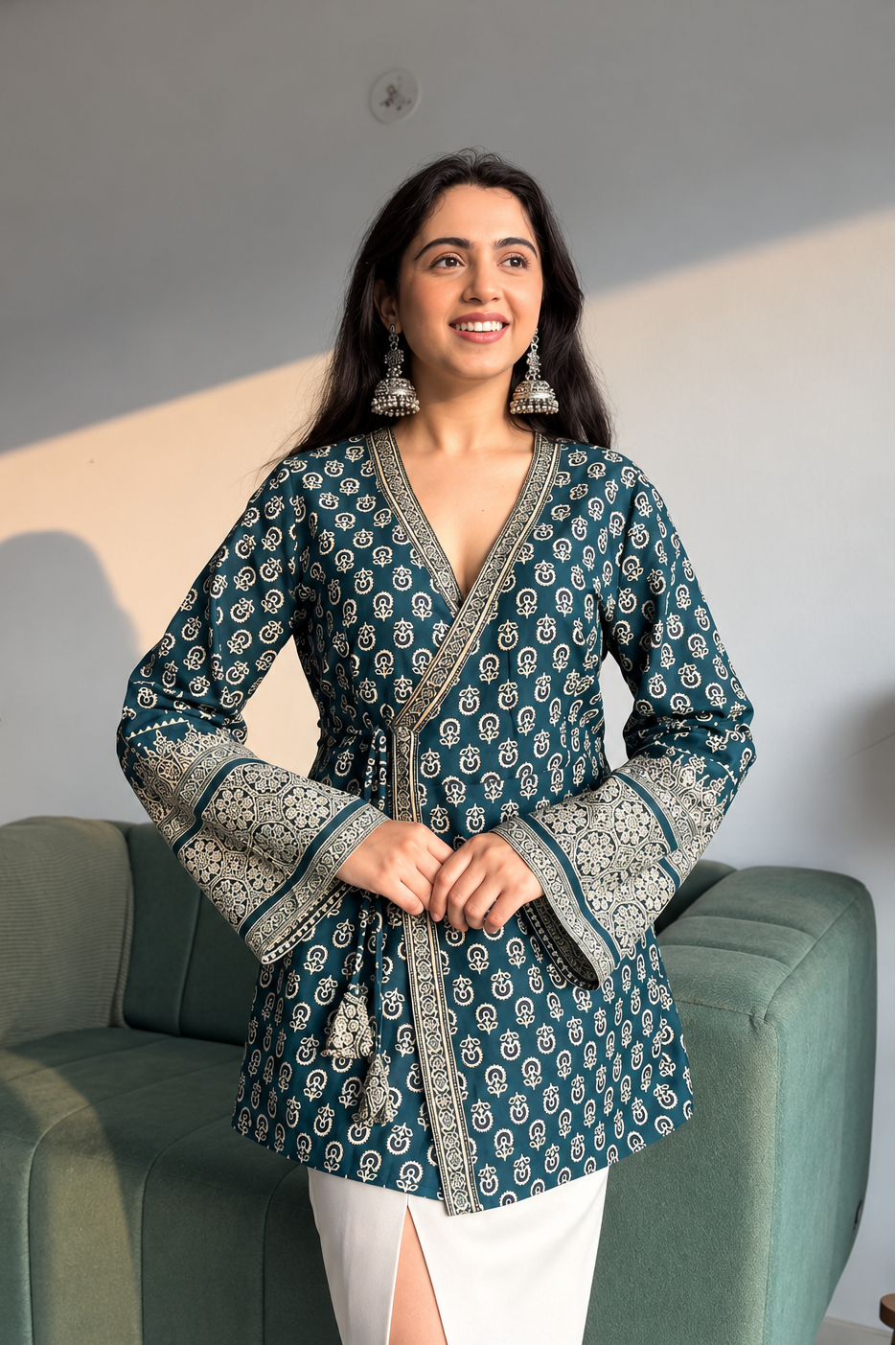 Women's Rama Rayon Angrakha Style Printed Top with V-Neck Border D101