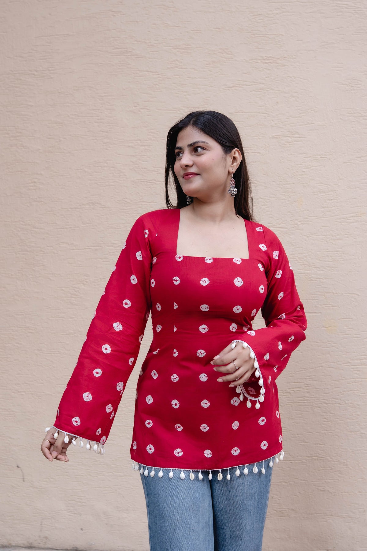 Women's Red Printed Rayon Top with Square Neck, Full Sleeves & Pom-Pom Hem D96