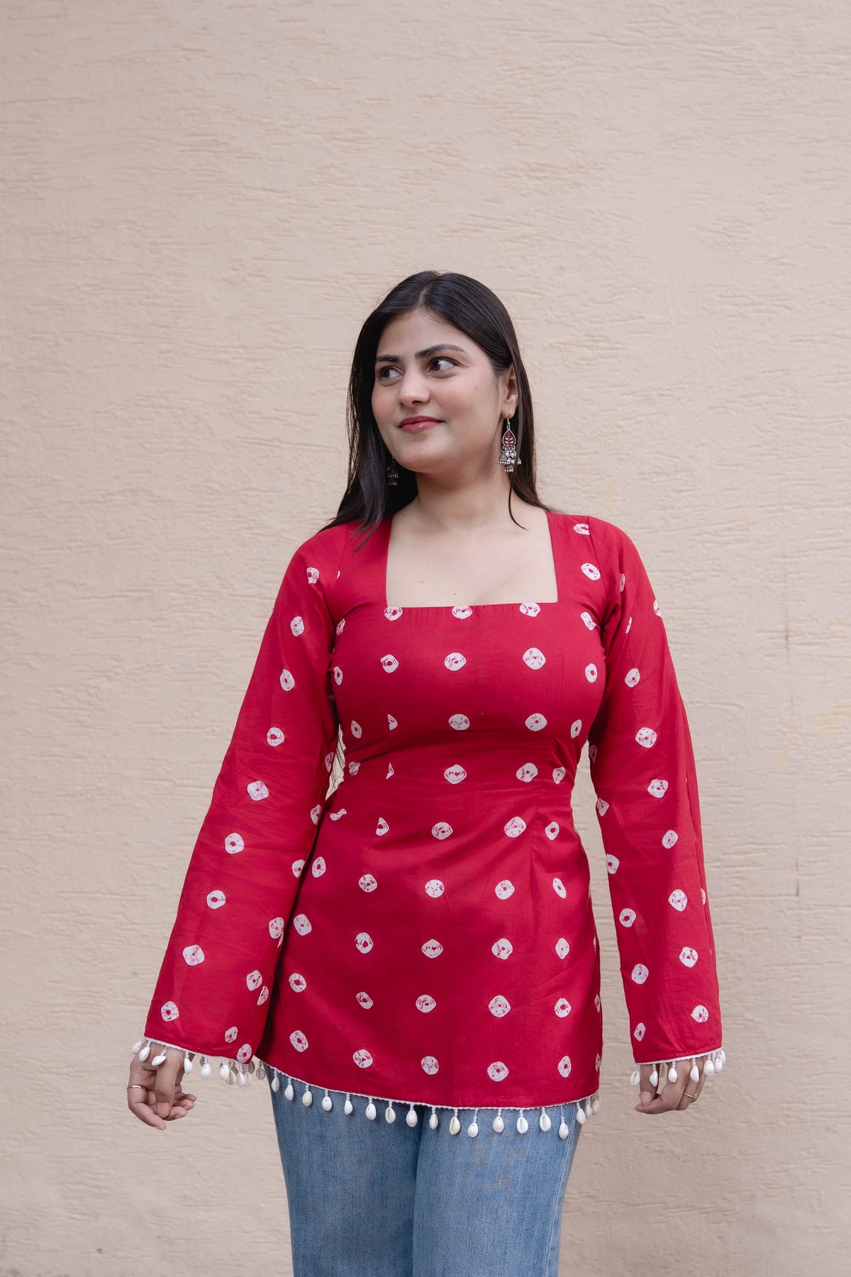 Women's Red Printed Rayon Top with Square Neck, Full Sleeves & Pom-Pom Hem D96