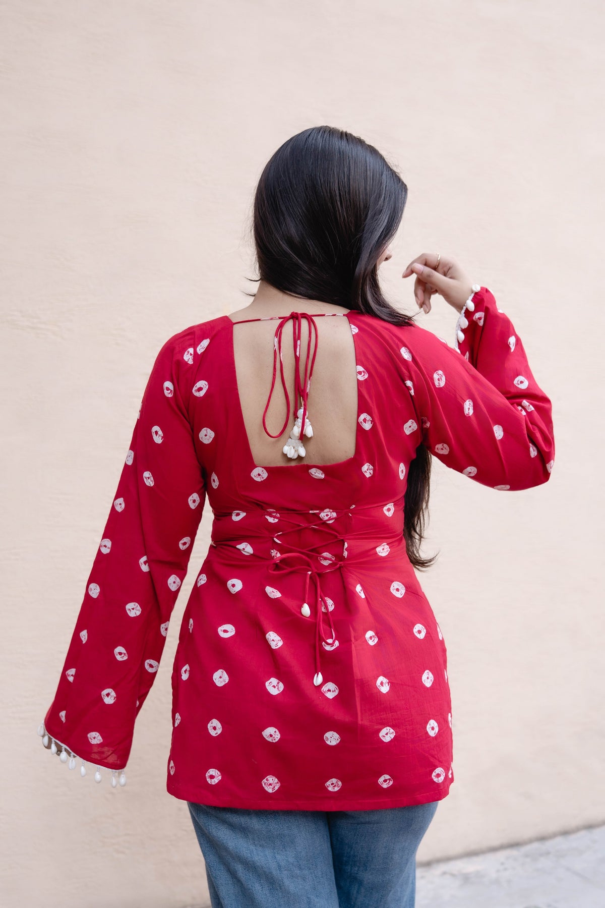 Women's Red Printed Rayon Top with Square Neck, Full Sleeves & Pom-Pom Hem D96