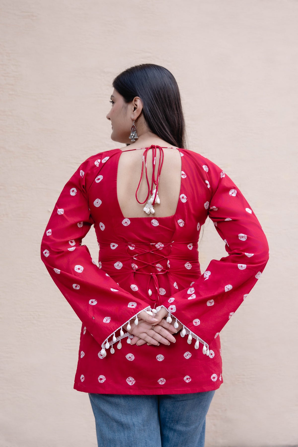 Women's Red Printed Rayon Top with Square Neck, Full Sleeves & Pom-Pom Hem D96